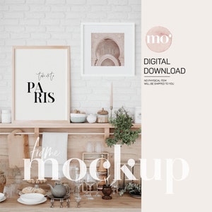 May include: A framed print with the text "Take me to Paris" in a white frame on a wooden shelf with a variety of decorative items, including a candle, a plant, and a bowl of fruit. The shelf is against a white brick wall. The text "frame mockup" is superimposed over the image.