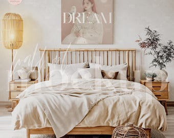 Boho Bedroom Canvas Mockup: esposizione artistica stampabile (download digitale, file PSD/JPG/PNG)