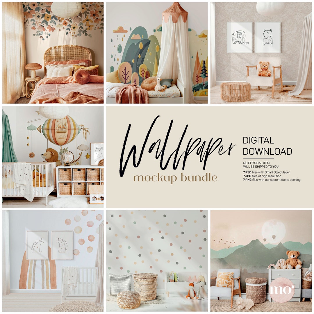 Nursery Wall Art Mockup Bundle, 7 PSD PNG Mockups for Stickers Decals ...