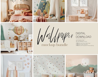 May include: A digital download bundle of 7 wallpaper mockups for children's rooms. The mockups feature different styles of wallpaper, including floral, geometric, and abstract designs. The mockups are shown in various room settings, such as a nursery, a playroom, and a bedroom.