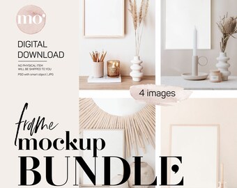May include: A digital download bundle of four frame mockups. The mockups feature a variety of styles, including a simple white frame, a frame with a natural wood finish, and a frame with a sunburst design. The mockups are perfect for showcasing artwork, photography, or other creative projects.