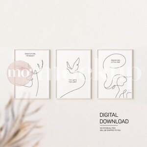 Puede incluir: Tres impresiones minimalistas de arte lineal con citas inspiradoras. La primera impresión presenta un ciervo con el texto "Querido futuro, ¡estoy listo!" La segunda impresión presenta un pájaro con el texto "El cielo es el límite." La tercera impresión presenta un elefante con el texto "Sueña en grande, pequeño."