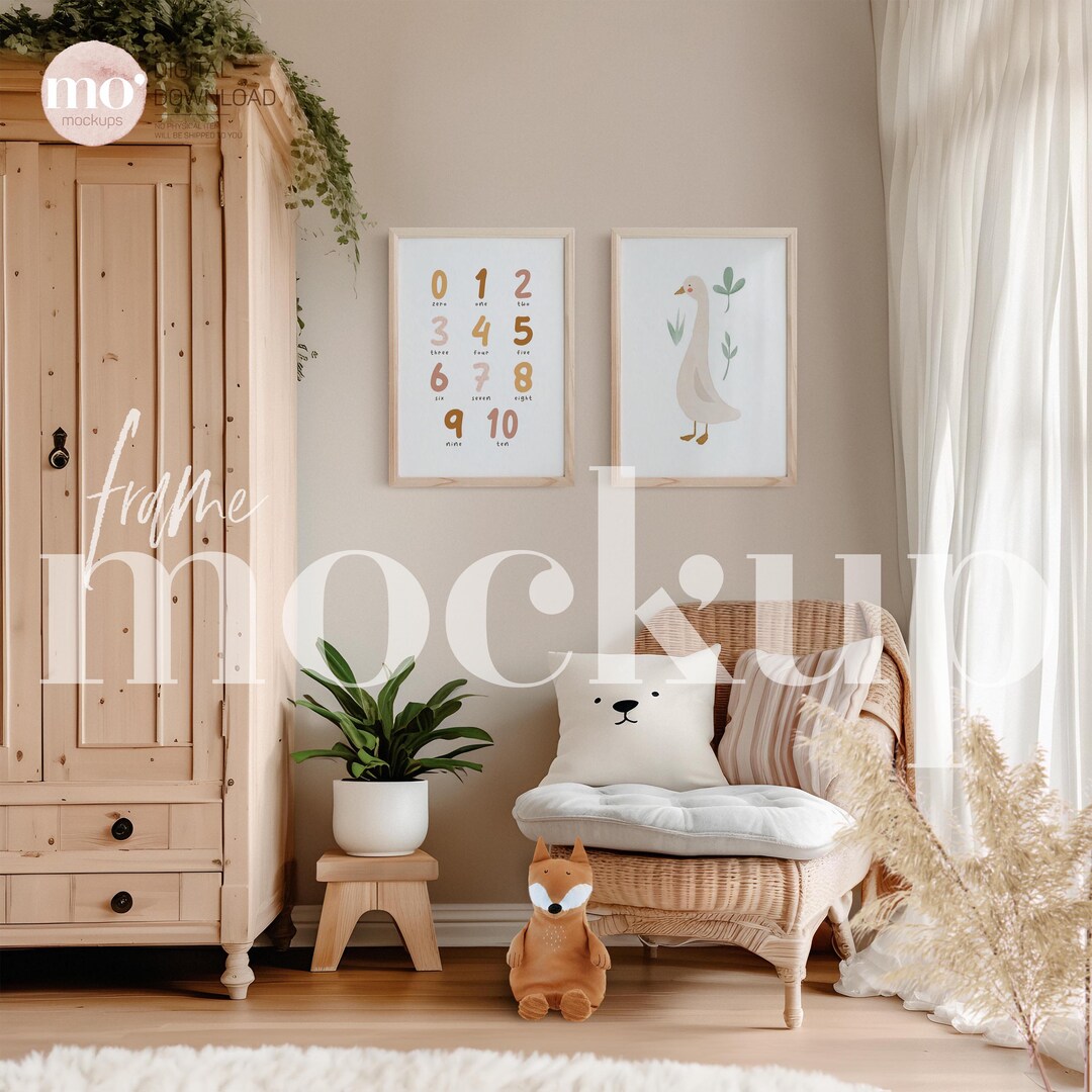 Nursery Interior Mockup PSD PNG – Set of 2 Vertical Light Wood Frames ...