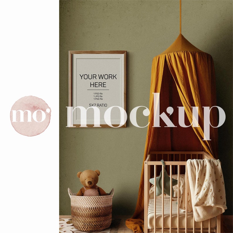 May include: A wooden cot with a yellow canopy and a stuffed teddy bear in a wicker basket. The cot has a white and black striped mattress and a white blanket with a floral pattern. The frame is made of natural wood. The text on the frame reads "YOUR WORK HERE 1 PSD file 1 JPG file 1 PNG file 5x7 RATIO".