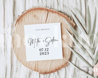 May include: A white save the date card with black text on a wooden slice. The text reads "Save the Date" "Mateo + Selena" "07.12 2023".