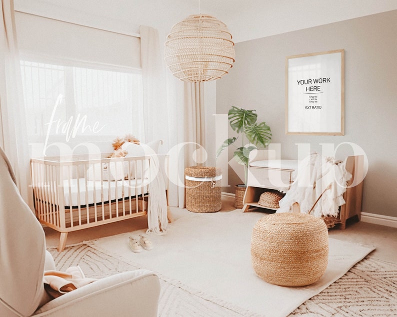 Nursery Mockup, Wooden A3 frame mockup, Baby Room Mockup Interior, Wall Art Mockup