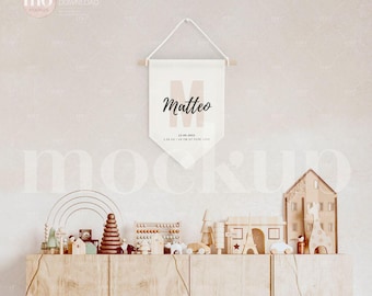 Neutral Boho Pennant Banner Mockup PSD, 195x285mm Kids Room Nursery Flag Wall Sign