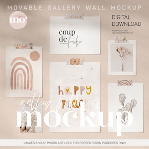 Mockup beweegbare galerijwand, slimme PSD-objecten, set van 6 posters, bewerkbare tapes