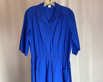 Vintage Cotton Dress Blue Midi Utility Style Pocket Colorful Short Sleeve