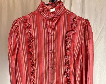 Vintage Ruffle Blouse Striped Button Down Red Pink 70s 80s Cottagecore Puff Shoulder