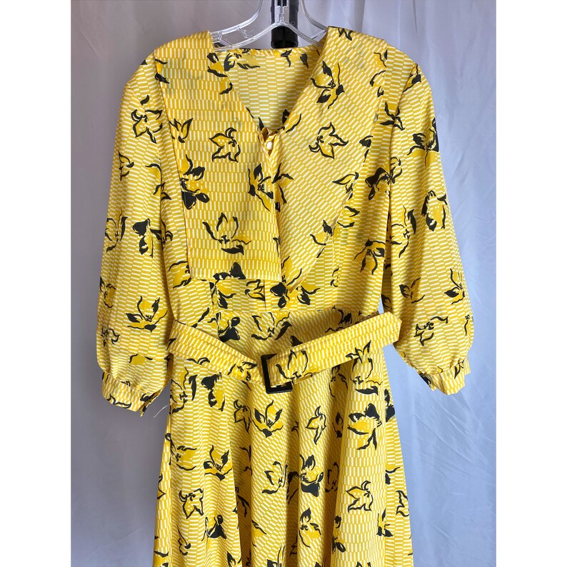 Vintage Floral Dress Yellow Striped Collar Front Belted Midi 80s Balloon Sleeve image 2