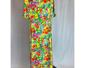 60s Floral Dress Colorful Bright Maxi Vintage Short Sleeve