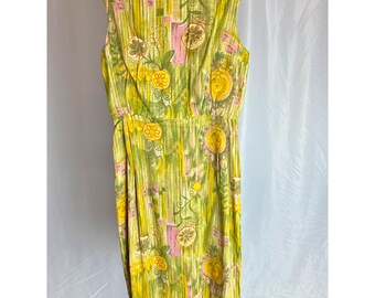 Vintage 1960s Sheath Floral Dress Yellow Green Sleeveless Silk Mini Edith Flagg