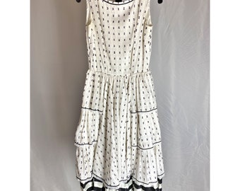 Vintage Midi Dress White Black Pocket Front Striped Textured Tiered Sleeveless