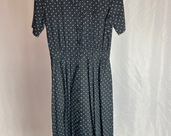 Vintage Liz Claiborne Dress Polka Dot Black White Button Front Collared Day Dress 80s Short Sleeve Cotton Maxi