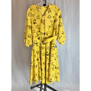 Vintage Floral Dress Yellow Striped Collar Front Belted Midi 80s Balloon Sleeve image 1