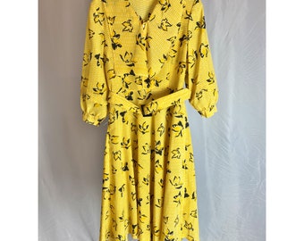 Vintage Floral Dress Yellow Striped Collar Front Belted Midi 80s Balloon Sleeve