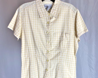 Vintage Gingham Print Shirt Button Down Short Sleeve Yellow White Pointed Collar Boxy