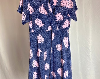 Vintage 80s Floral Dress Polka Dot Blue Pink Wrap Front Collared Short Sleeve Midi JT Petites