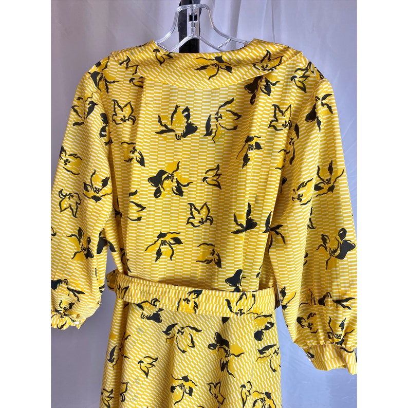 Vintage Floral Dress Yellow Striped Collar Front Belted Midi 80s Balloon Sleeve image 9