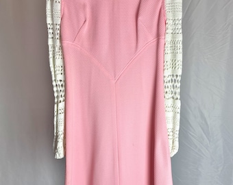 60s Mod Dress Pink White Crochet Sleeve Knee Length Hippy Vintage