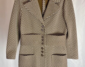 Vintage Blazer Jacket Brown White Belted 60s Collared Textured Polyester Chevron Print Act III