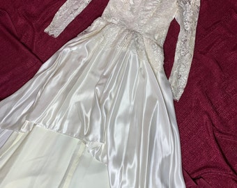 Vintage 1980s High Neck Lace High Low Skirt Peplum Wedding Dress