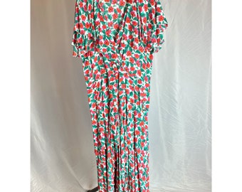 Vintage Floral Secrets Dress 90s Hawaiian Red Pink Green Short Sleeve V Neck Maxi