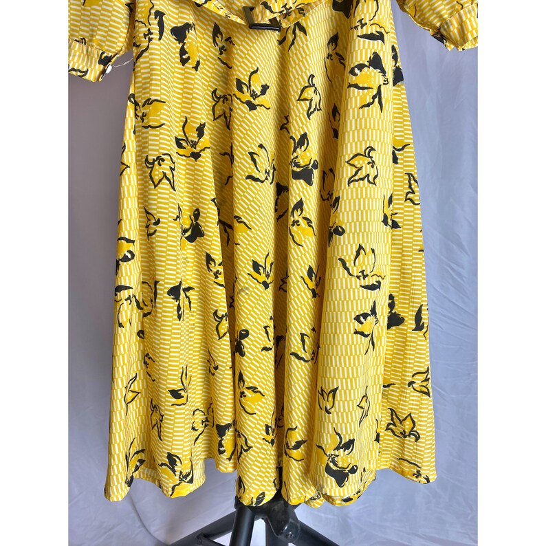 Vintage Floral Dress Yellow Striped Collar Front Belted Midi 80s Balloon Sleeve image 7