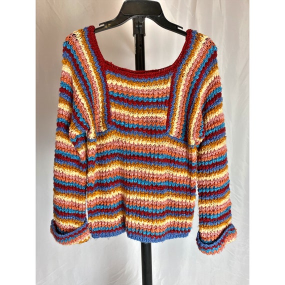 1970s Crochet Knit Top Colorful Striped Vintage L… - image 1