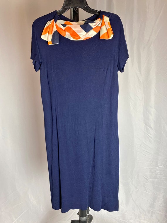 Vintage Shift Dress Navy Orange Scarf Midi 60s Fl… - image 1