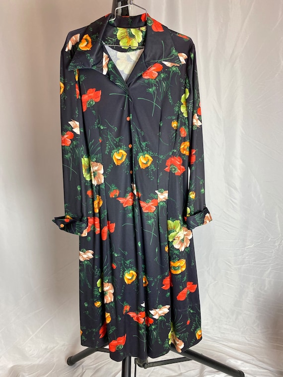 Vintage Dark Floral Dress Midi Black Collared 70s 