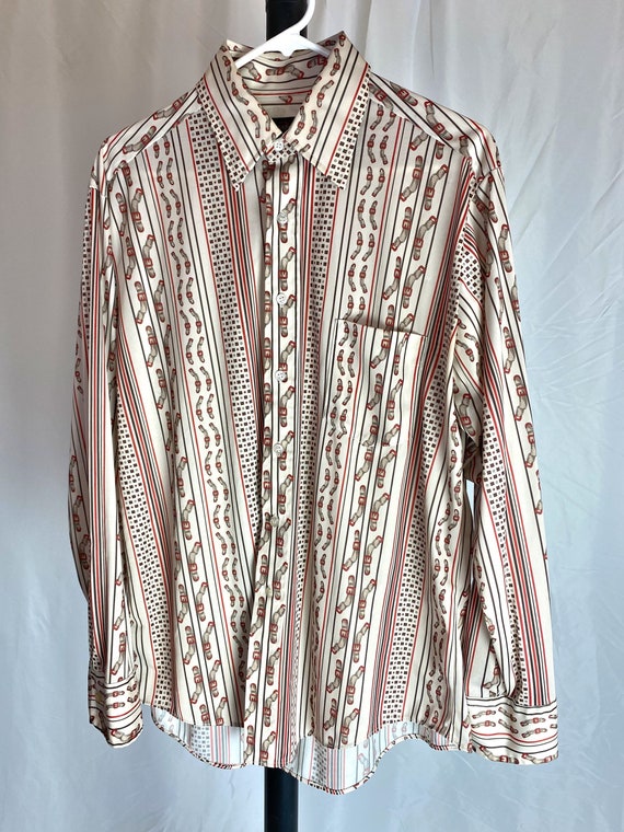 70s Button Down Buckle Print Novelty Long Sleeve … - image 1