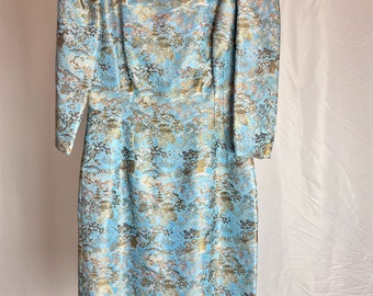 Vintage Asian Print Brocade Dress Blue Gold 50s Sheath Midi Metallic Embroidery High Neck