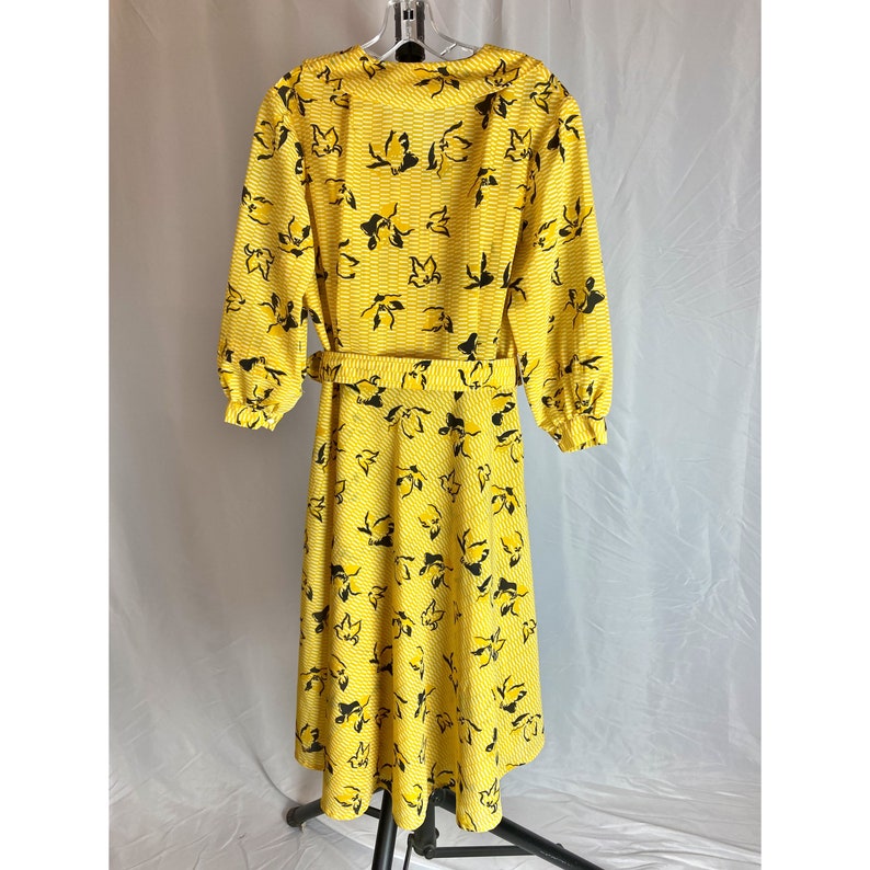 Vintage Floral Dress Yellow Striped Collar Front Belted Midi 80s Balloon Sleeve image 8