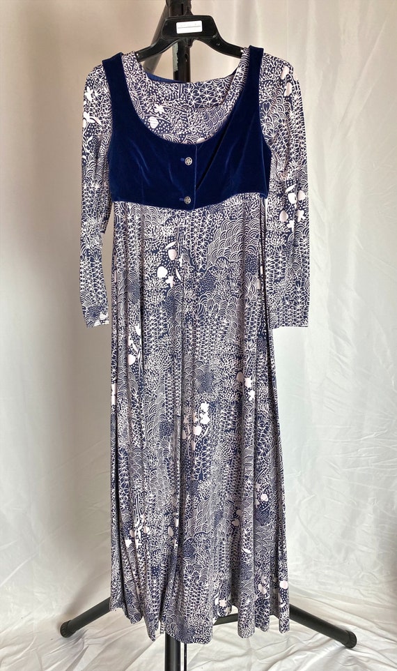 Vintage 70s Maxi Dress Blue White Boho Floral Graphic… - Gem