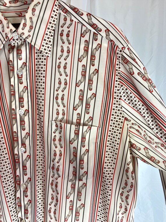 70s Button Down Buckle Print Novelty Long Sleeve … - image 3