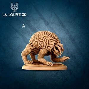 May include: A brown, detailed miniature of a creature with a brain-like head and multiple eyes. The creature is standing on a round base.