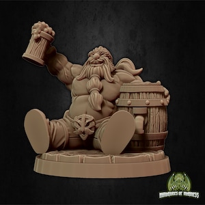 May include: A miniature figurine of a stout, bearded dwarf holding a tankard of beer and sitting next to a wooden barrel with a tap. The dwarf is wearing a loincloth and has a jovial expression.