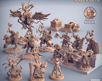 Può includere: Un set di 14 figure in miniatura dettagliate, tra cui un leone alato, un cavaliere a cavallo e diverse figure che tengono spade e scudi. Le figure sono dipinte di colore marrone e sono disposte su uno sfondo grigio. Il testo "Requiem Brotherhood COMPLETE" è visibile nella parte superiore dell'immagine. Il testo "Supports Included" è visibile nella parte superiore sinistra dell'immagine. Il testo "Helmets Included!" è visibile in un piccolo riquadro nell'angolo in alto a destra dell'immagine.