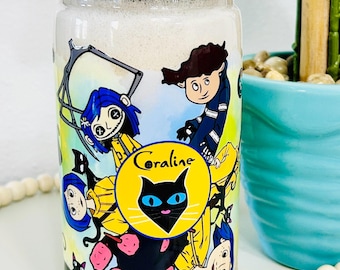 Coraline Coffee Snowglobe Tumbler – 16oz Cold Cup | Coraline-Inspired Drinkware Gift, Double-Wall Custom Tumbler with Straw