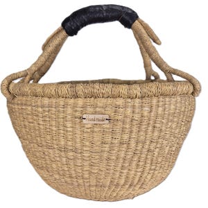Original afrikansk Bolga-korg, varukorg, marknadskorg, läderhandtag