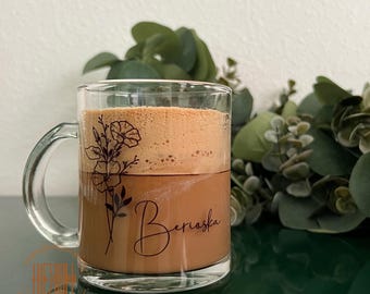 Glass coffee mug | Custom mug | Personalized glass mug | Floral mug | Floral glass mug | Name mug | Wedding favor | Christmas gift | Mom
