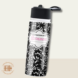 May include: A black and white composition notebook-themed water bottle with a black lid and a pink name "Brianna" on the front.