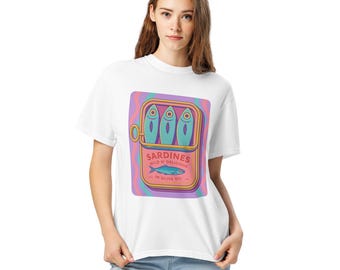 Vintage Pink Sardines Shirt, Tinned Fish Shirt, Retro Portugal Tshirt, Sardine tee, Coastal summer Travel Fish Shirt, Retro Graphic Tee