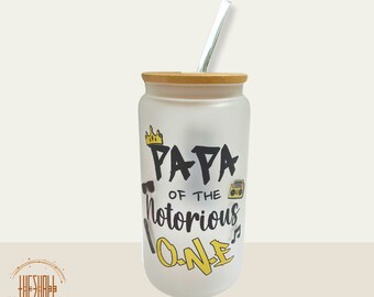 Personalized Glass with Bamboo Lid and Straw | Coffee Glass Cup | Glass Coffee Tumbler Can Glass Custom Name | Notorious One Party Theme