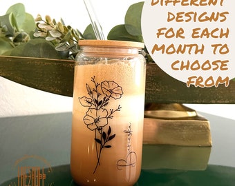 Personalized Glass with Bamboo Lid and Straw | Coffee Glass Cup | Glass Coffee Tumbler Can Glass Custom Name Gift Women, Birth Flower Month