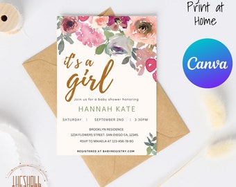 Blush Girl Baby Shower Floral Invitation Digital | Spring Flower invite | Vintage Floral Baby Shower | Baby Shower Invitation Template