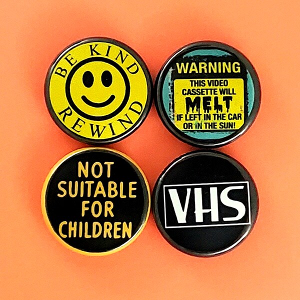 Blockbuster Video Collection 4, Vintage Inspired, 80s Video Store, Be Kind Rewind, VHS stickers, Not Suitable For Children, by Ba Ba Buttons