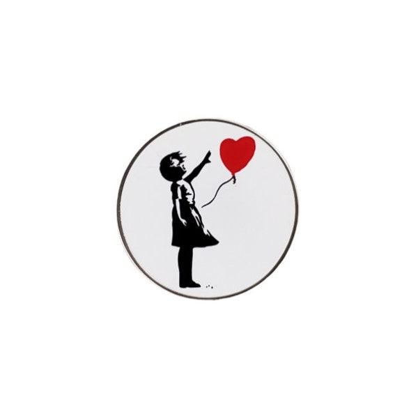 Banksy enamel pin, Balloon Girl, stencil mural, graffiti art, London, by Ba Ba Buttons